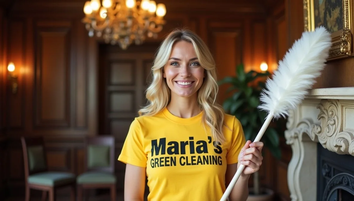 Professional Housekeeper Dusting the Fireplace
