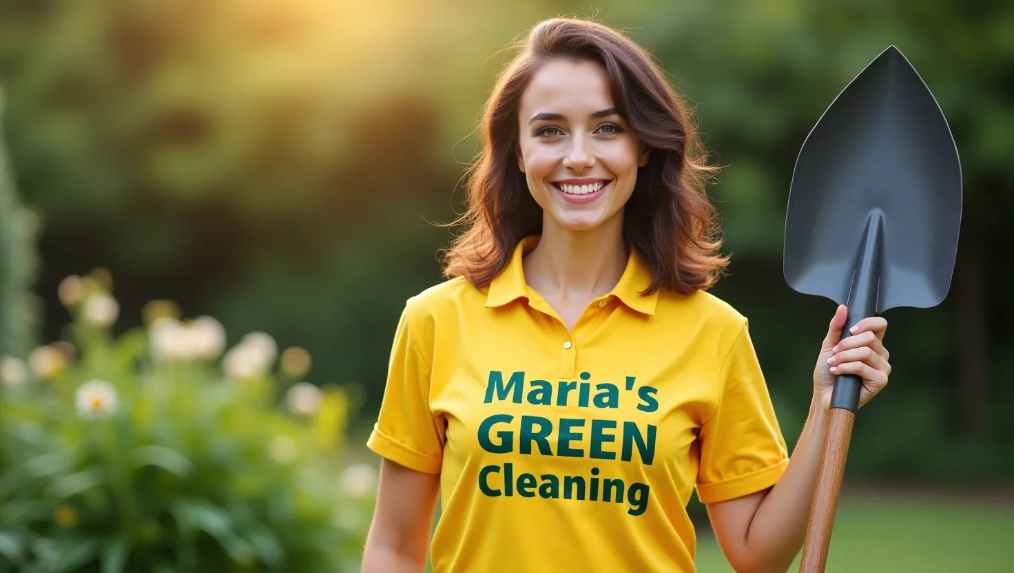 With a shovel in hand, the expert maid gets ready to clean the garden.