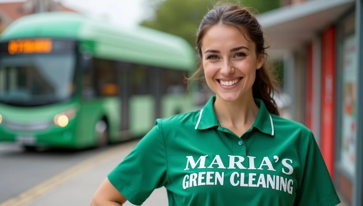 A young woman in a green cleaning shirt, smiling confidently in front of a bus station, with a green bus in the background.