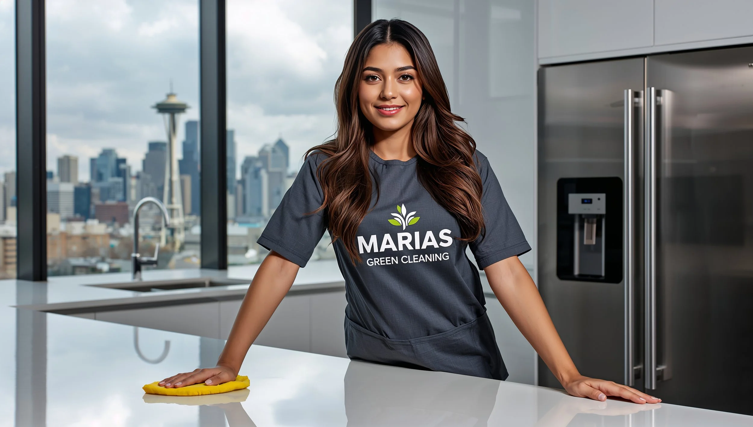 Peruvian cleaner wiping kitchen counter with Seattle skyline visible wearing Maria’s Green Cleaning uniform