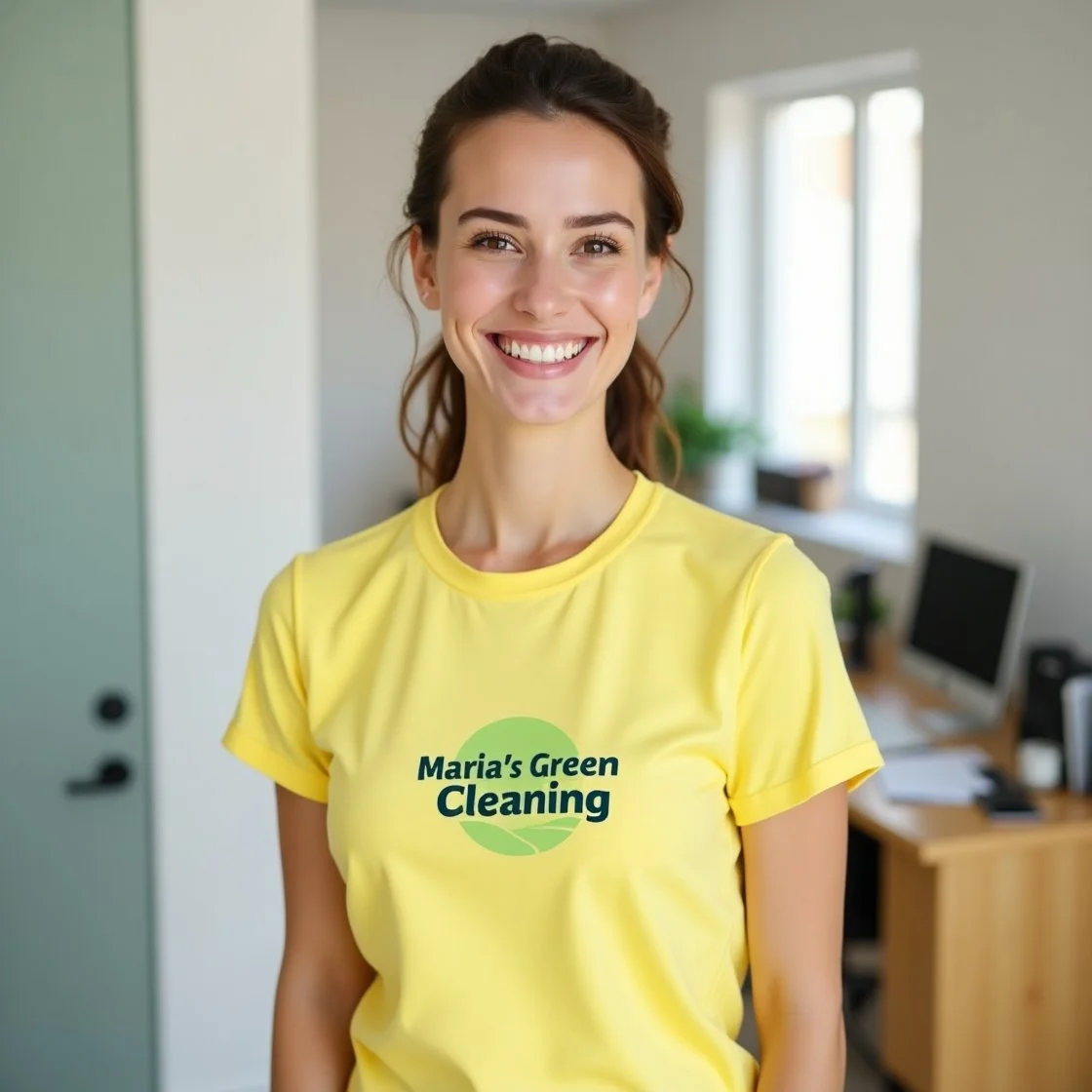 The immaculate maid is getting ready to tidy the house's tiny office.