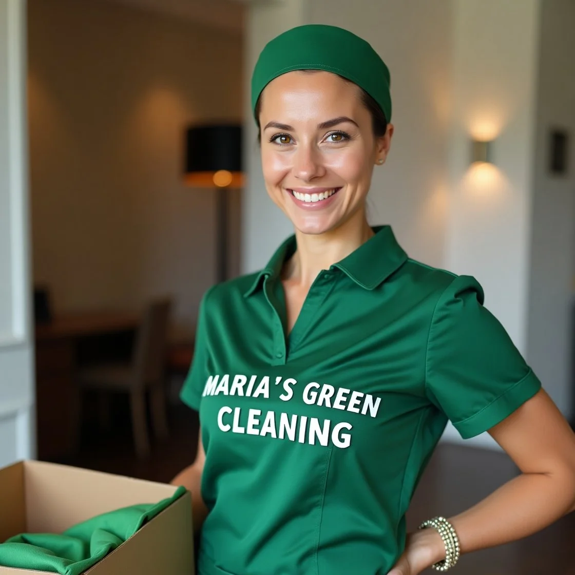 Smiling woman in a green cleaning uniform standing with a box of supplies, ready for work.