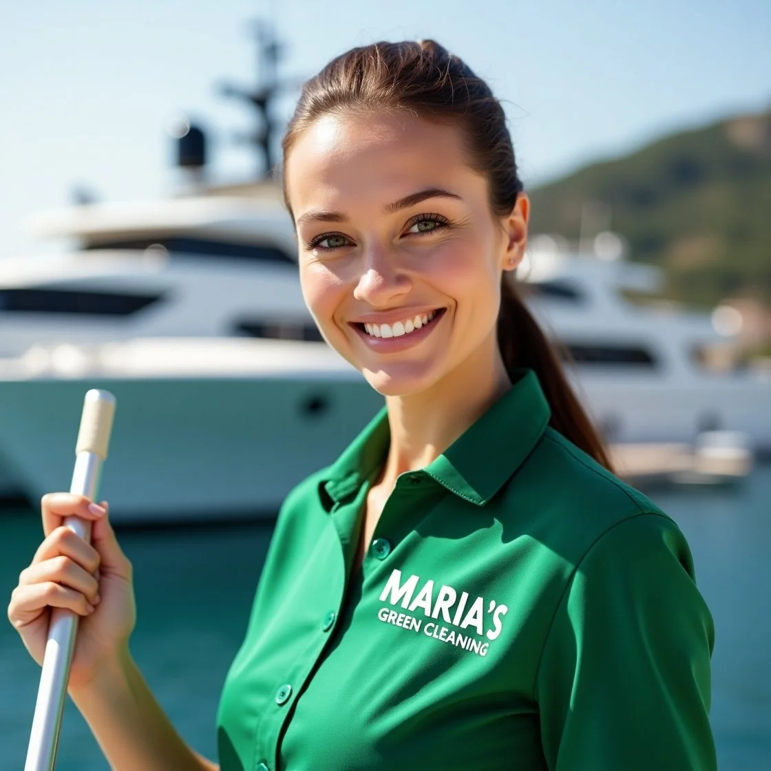 A female cleaner in a green uniform holding a broom, standing near a luxurious superyacht .
