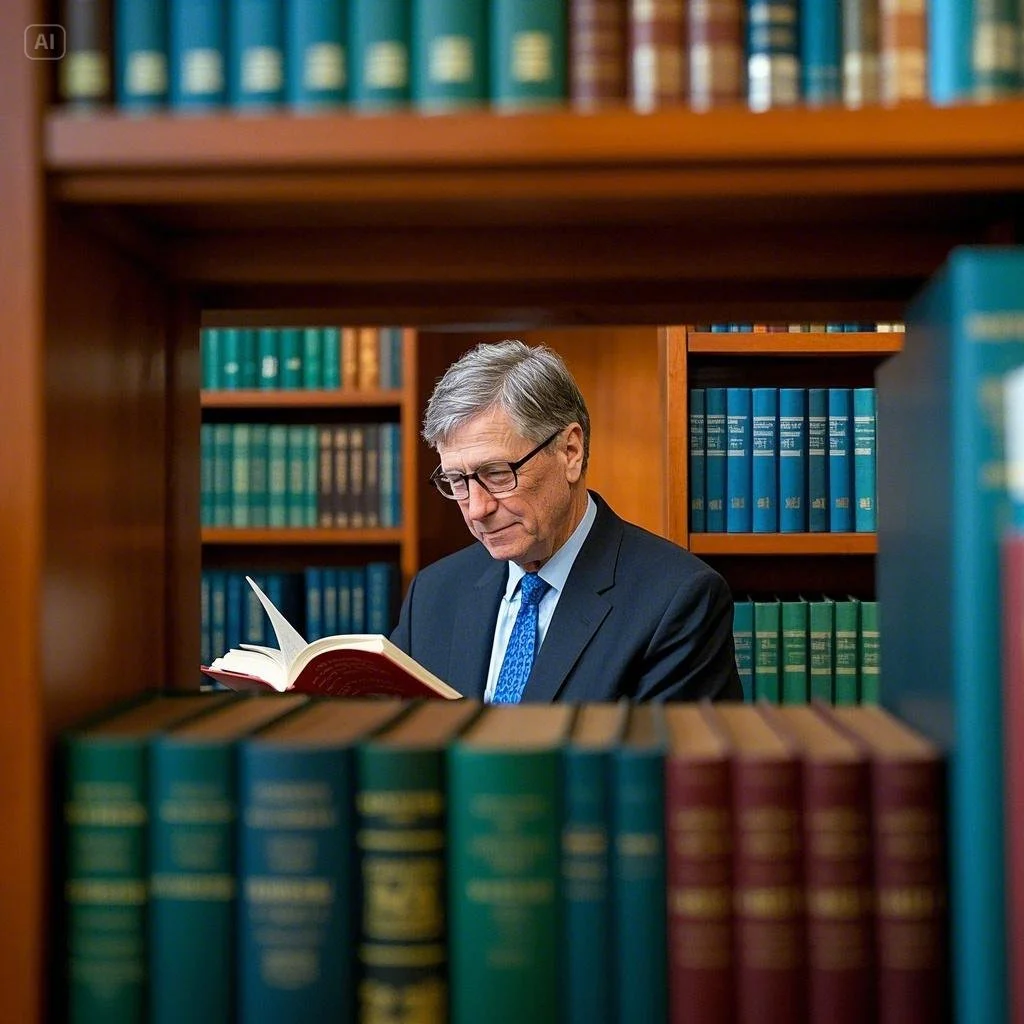Bill Gates sitting in a cozy library, focused on reading a book surrounded by bookshelves.