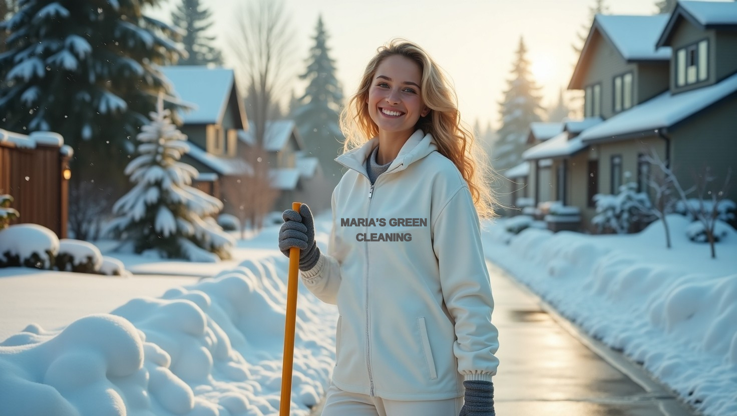 A Trusted Cleaning Expert Clearing Snow From A Driveway In A Residential Seattle Neighborhood