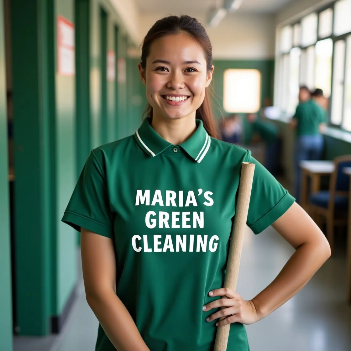 Maid smiling in a classroom with a broom in hand, wearing a green 'MARIA'S GREEN CLEANING' shirt.
