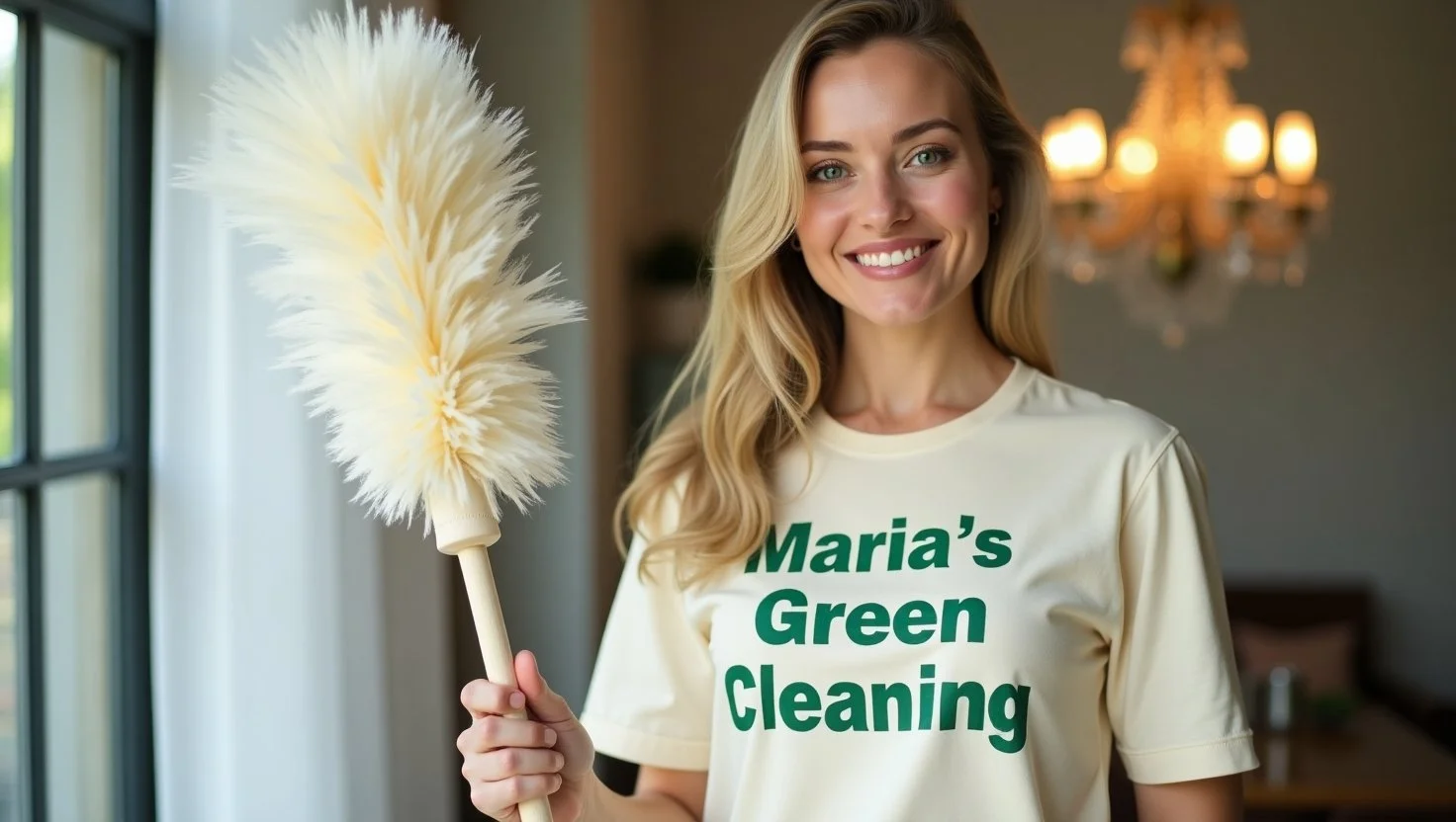 Professional using a ladder and microfiber cloth to safely dust a high-hanging chandelier