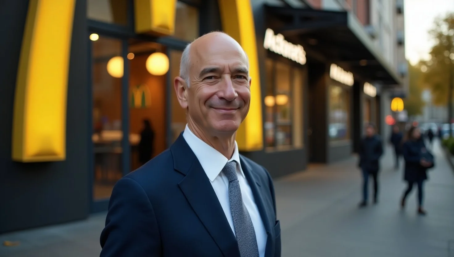 An older Jeff Bezos in a suit, standing in front of a McDonald's restaurant