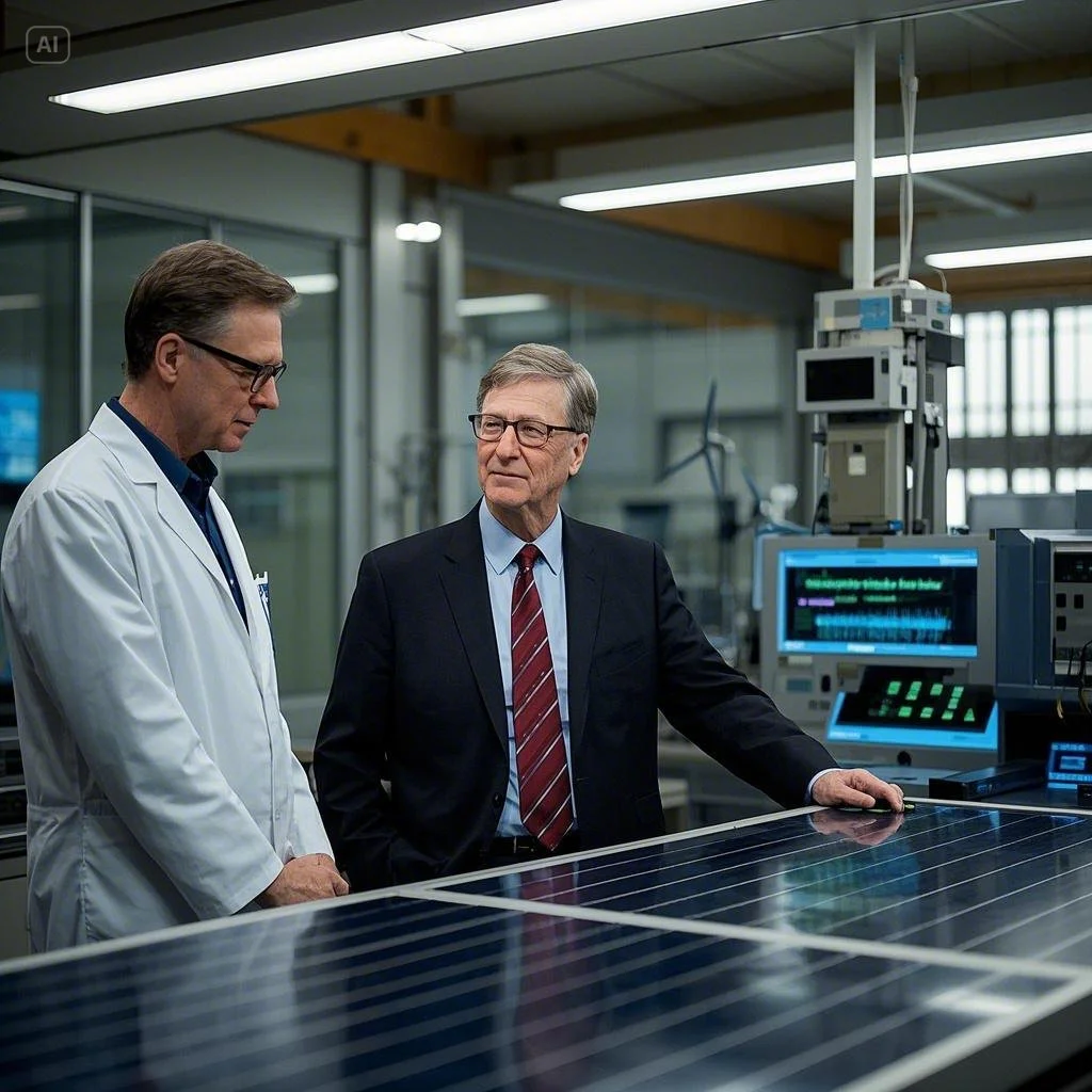 Bill Gates speaking with a scientist in a renewable energy research facility.