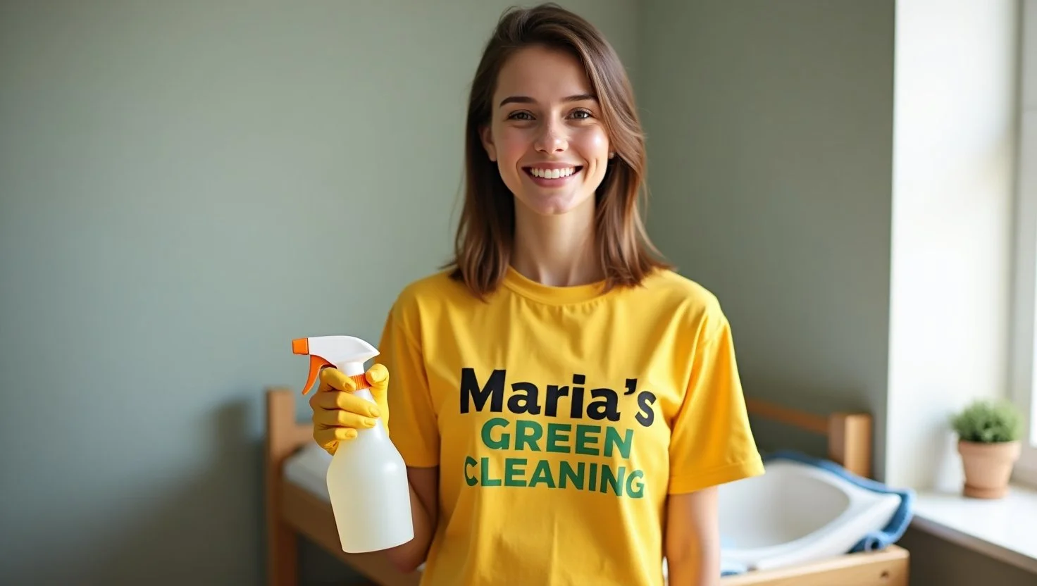 A baby's changing table is being sanitized by a cleaning professional maid using a natural spray.