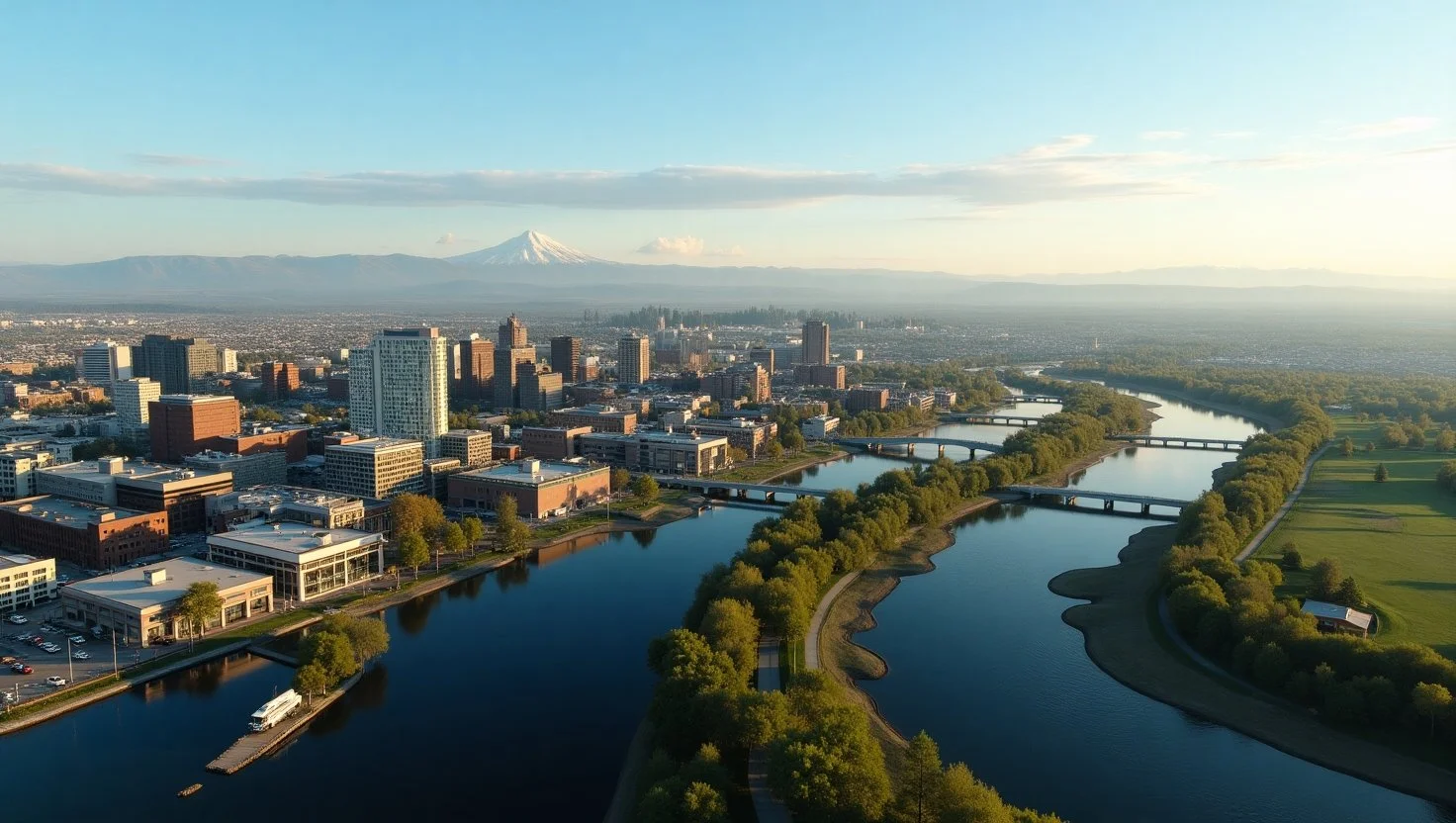 A Stunning Overhead Shot Of Spokane Washington With A River In View