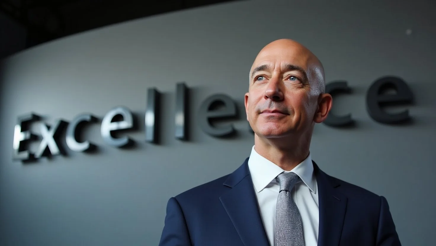 Jeff Bezos standing in front of a large ‘Excellence’ banner, symbolizing his commitment to high standards