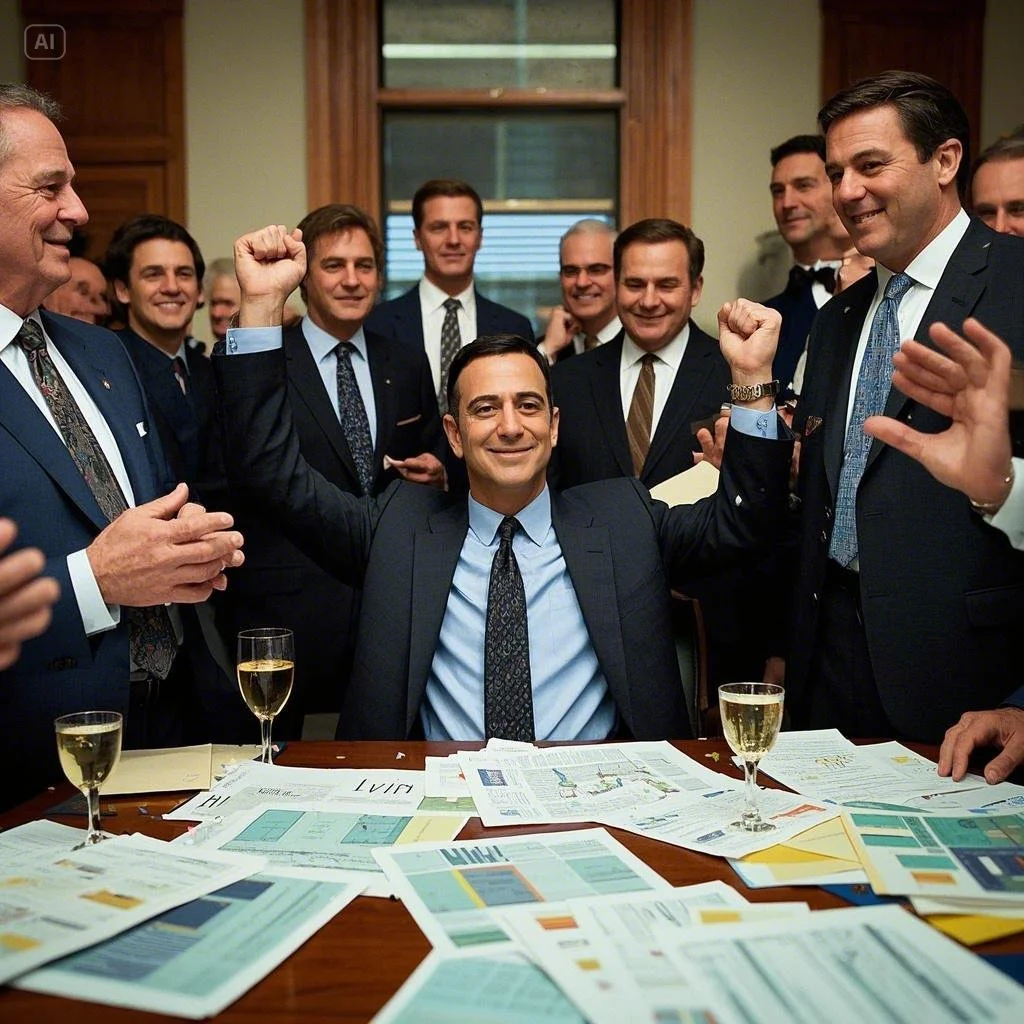 A historic scene from 1997 showing a group of investors and young Jeff Bezos celebrating the successful launch of Amazon's IPO.