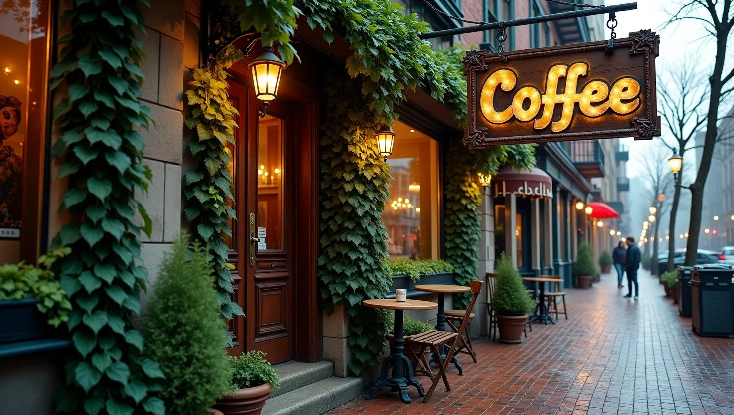 Historic coffee shop in Seattle with a vintage-style wooden sign