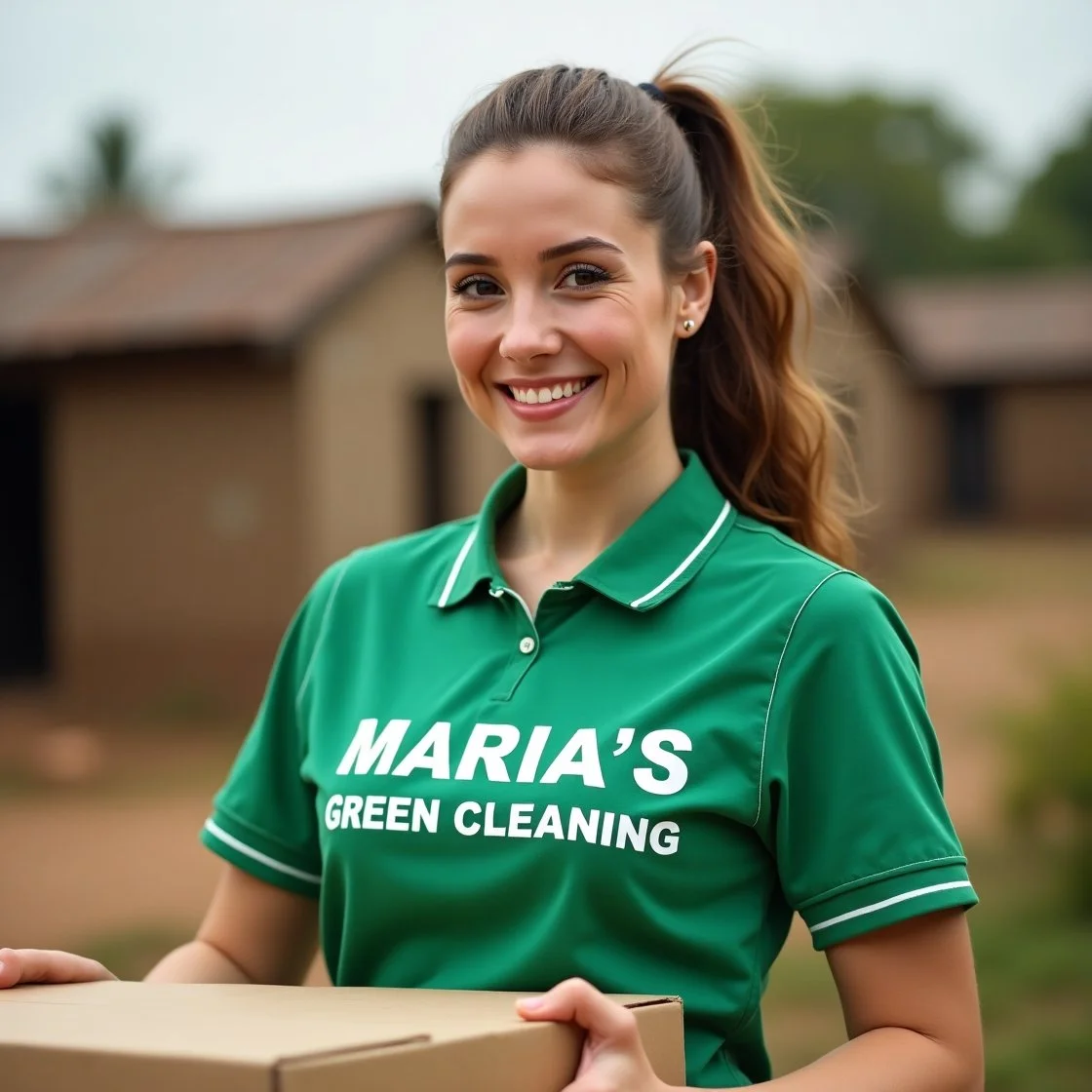 A friendly lady maid, wearing a green shirt with "Maria's Green Cleaning" written on it, smiling while holding a box in front of a village setting.