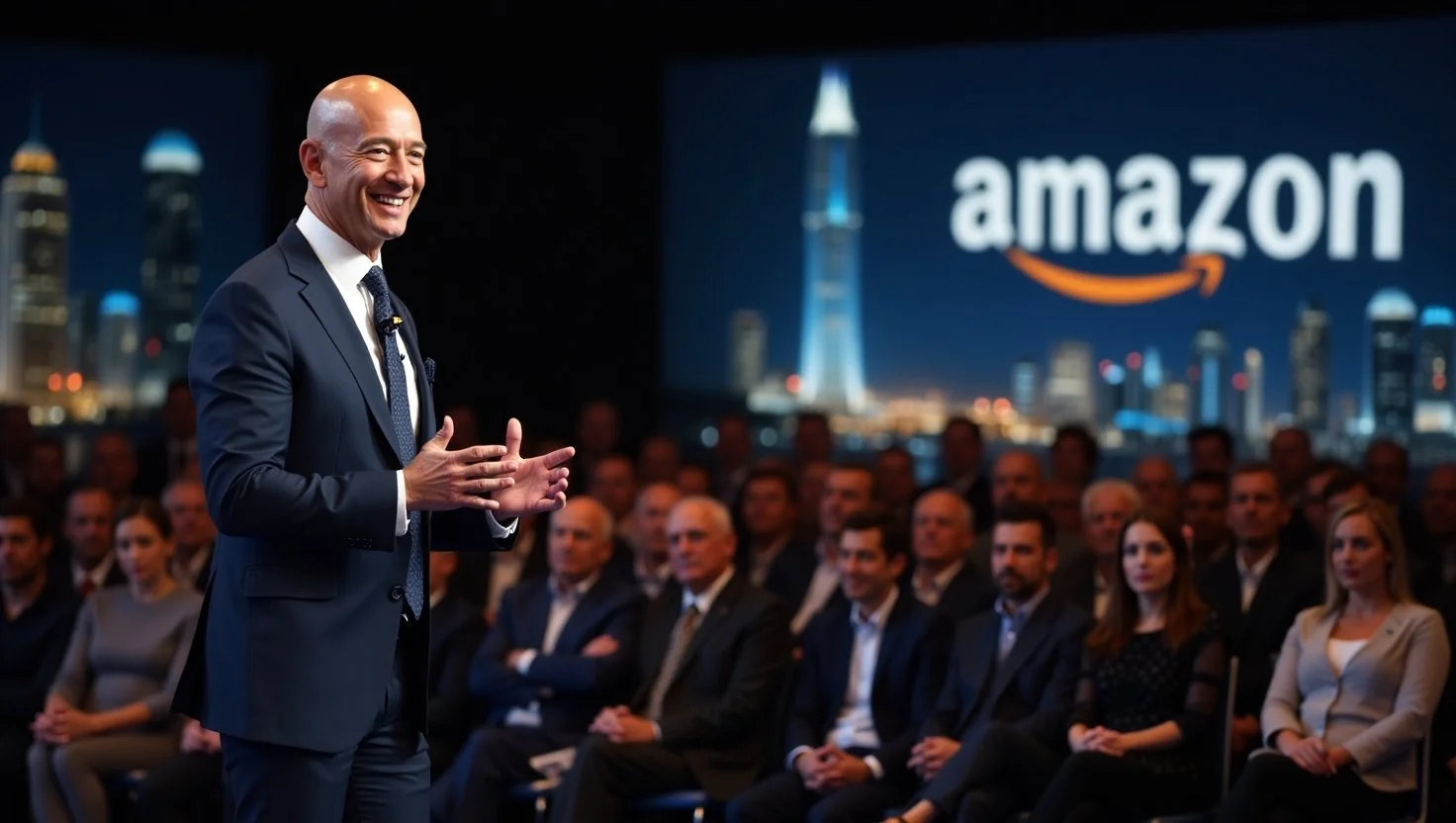 Jeff Bezos standing on a stage, passionately delivering a speech about innovation and the future of technology