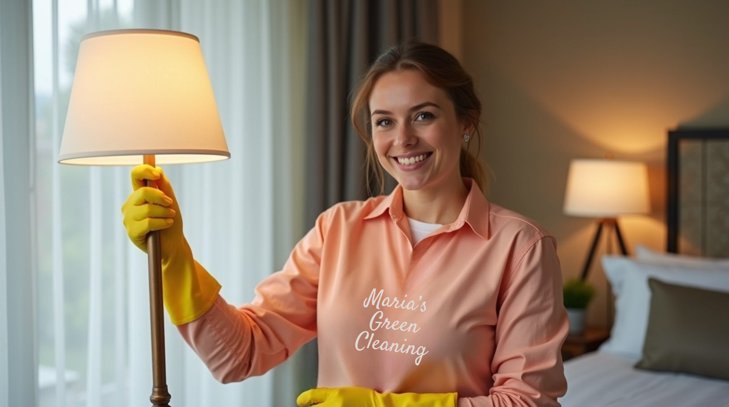 Housekeeper Cleaning a Table Lamp