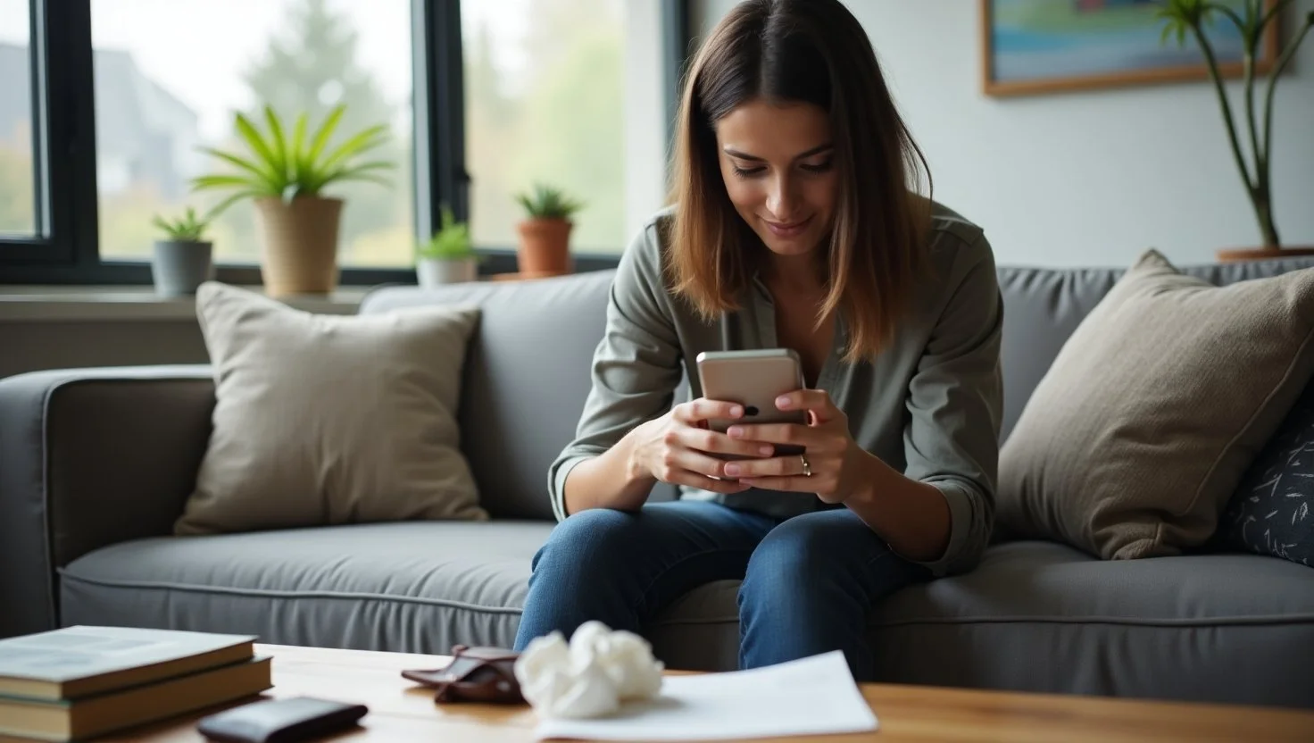 Single person in a cozy Seattle apartment, sipping coffee while checking their bank balance on a phone app
