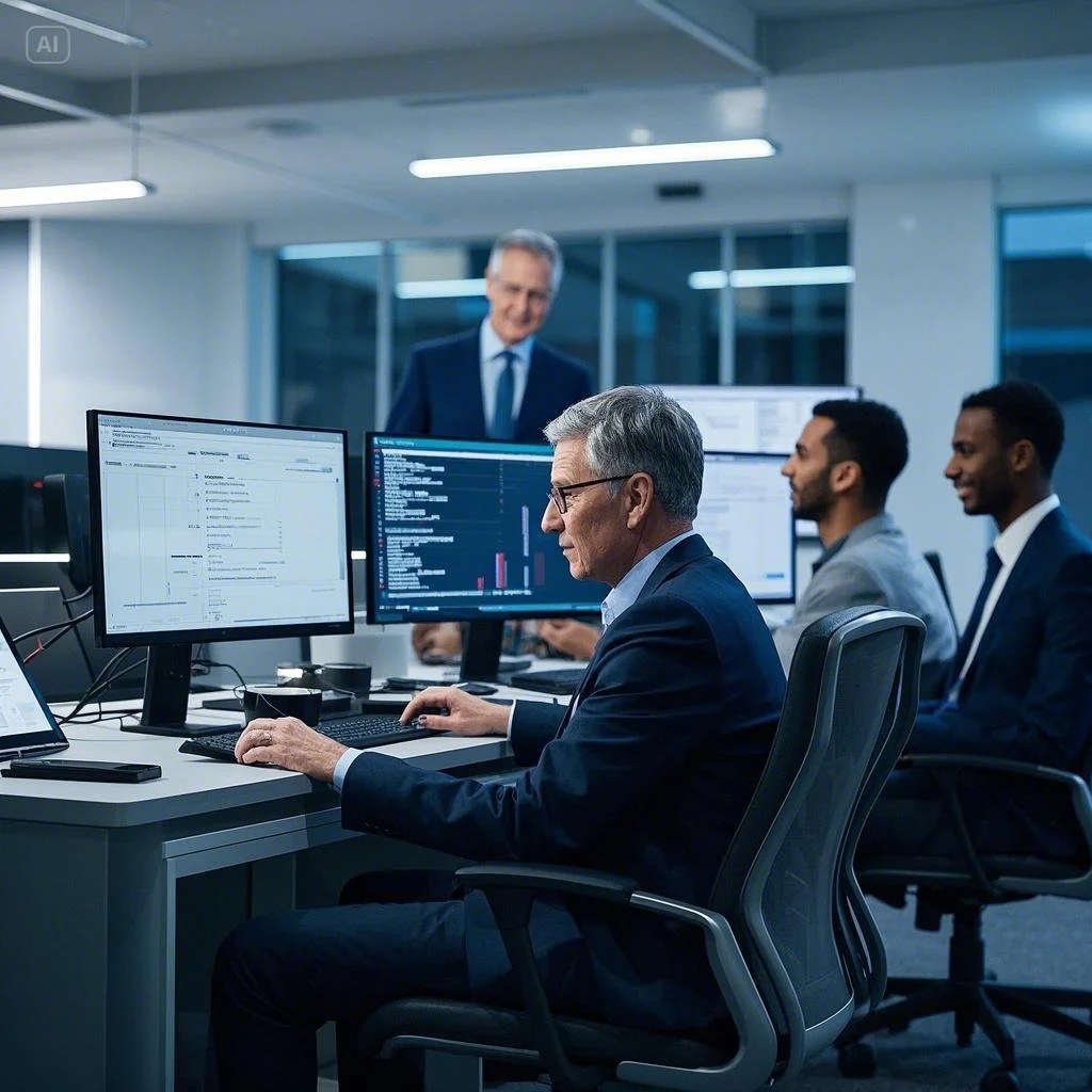 Bill Gates focused on a computer screen in a modern office with diverse programmers collaborating in the background, surrounded by multiple monitors displaying data.