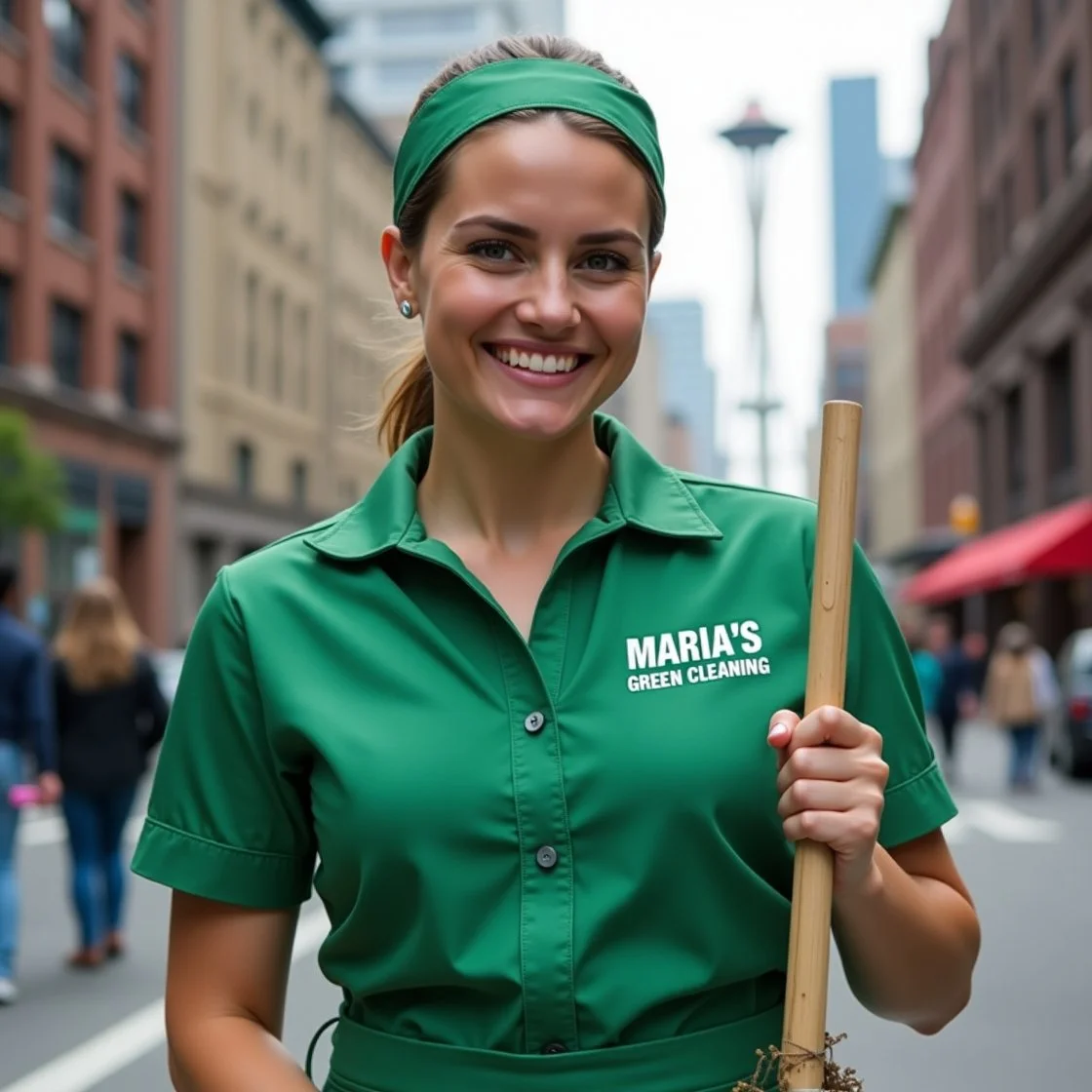 A maid in a green uniform smiling while holding a broom in a city street, with the Space Needle in the background.