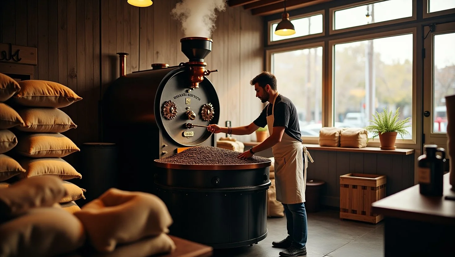 Coffee roastery in Seattle, with sacks of fresh coffee beans