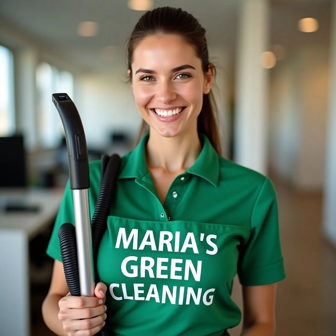 Beautiful lady maid vacumming a office wearing a green uniform.