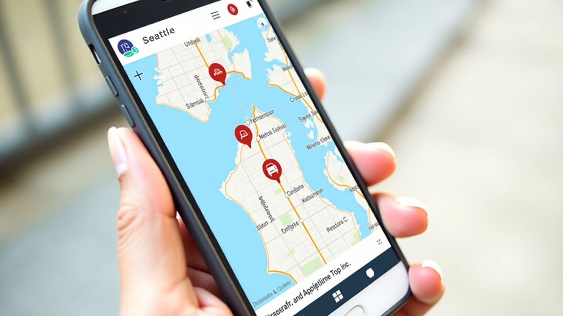 Digital map on a smartphone showing available car-share locations throughout Seattle