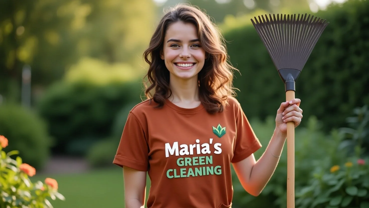 The garden has just been cleaned by the cleaning lady.