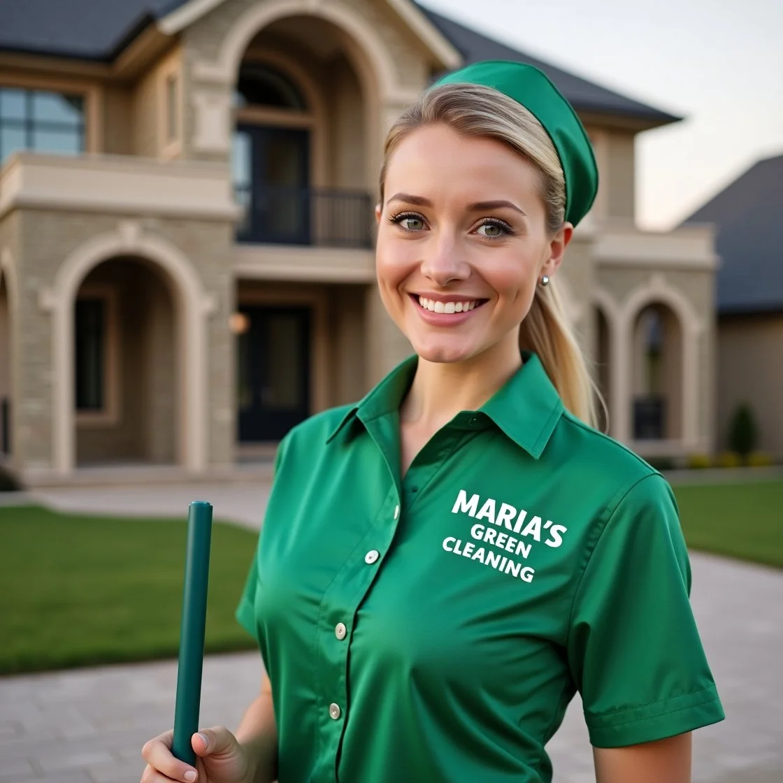 A smiling woman wearing a green polo shirt with the logo 'MARIA'S GREEN CLEANING' on the front, holding a cleaning tool. She is standing in a well-lit, elegant room with arched doorways and a few plants in the background.