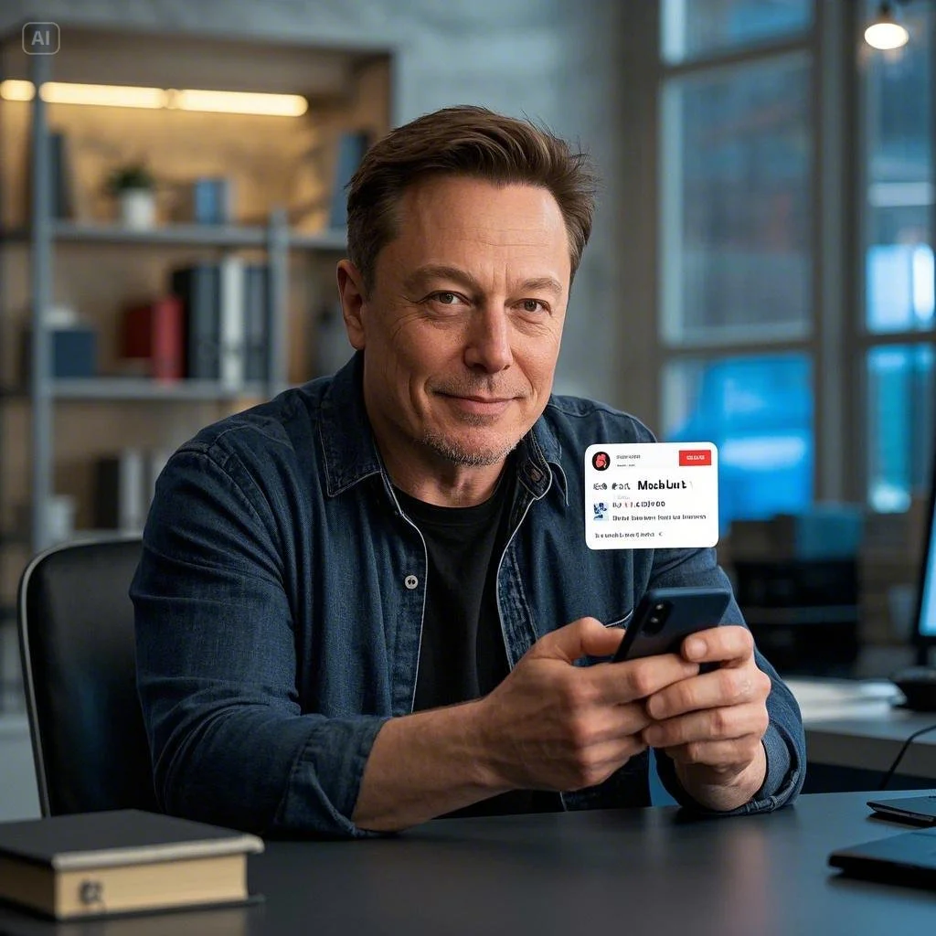 A close-up, realistic image of Elon Musk sitting at a desk, holding a smartphone