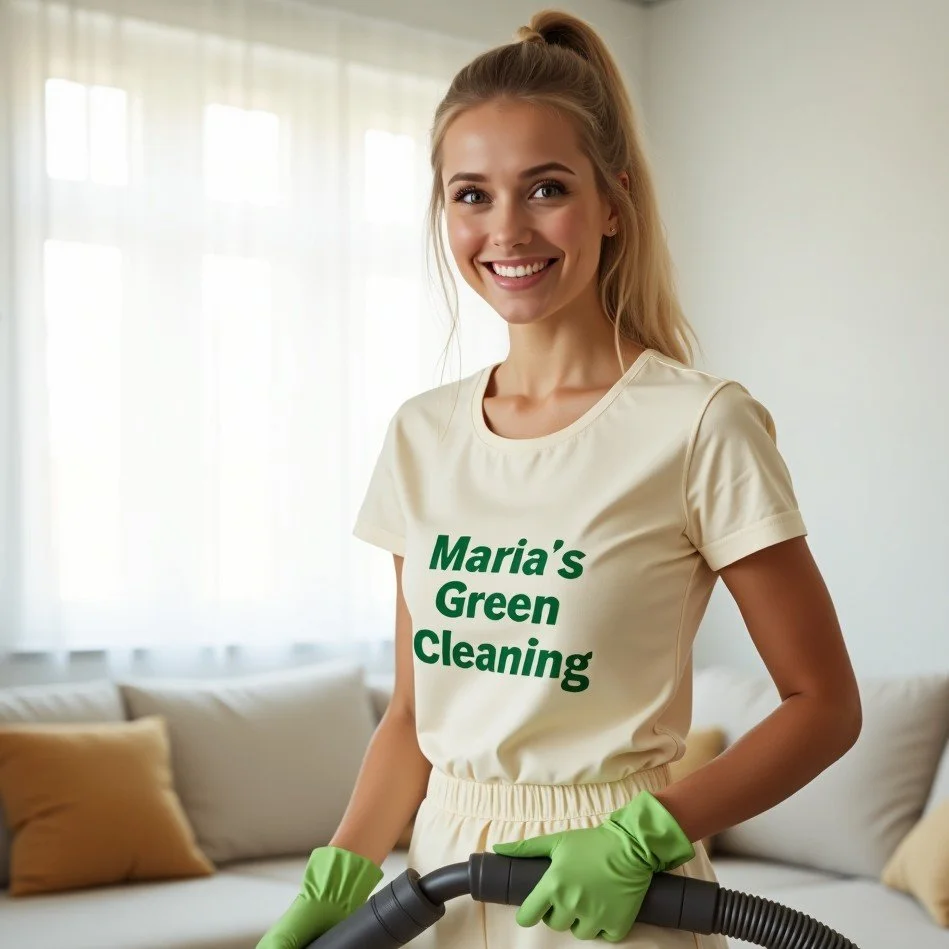 The living room is vacuumed by the dependable maid.