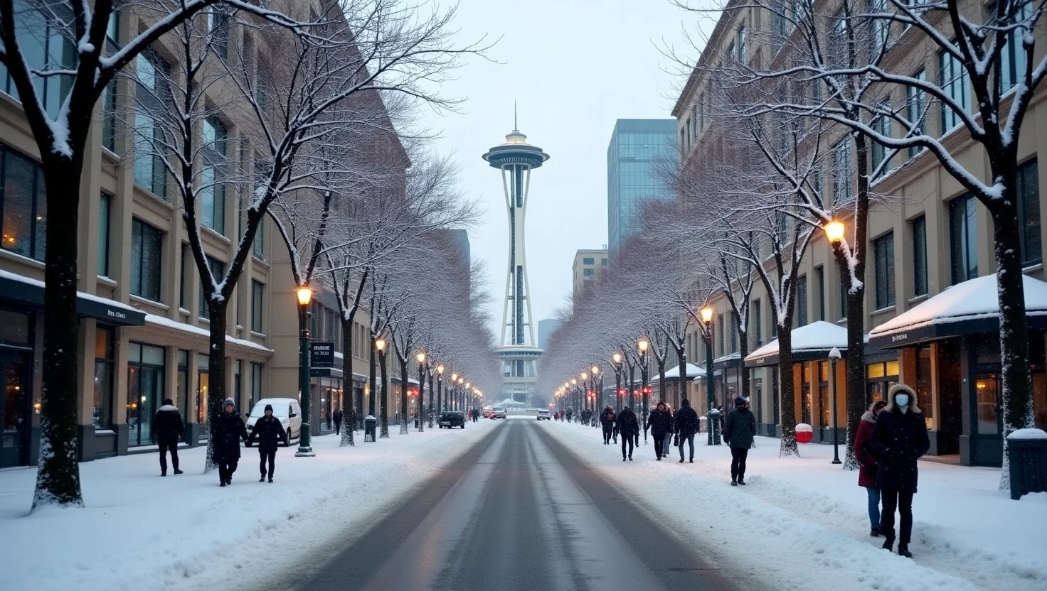 A Winter Scene In Downtown Seattle With Snow Blanketing The Roads And Sidewalks