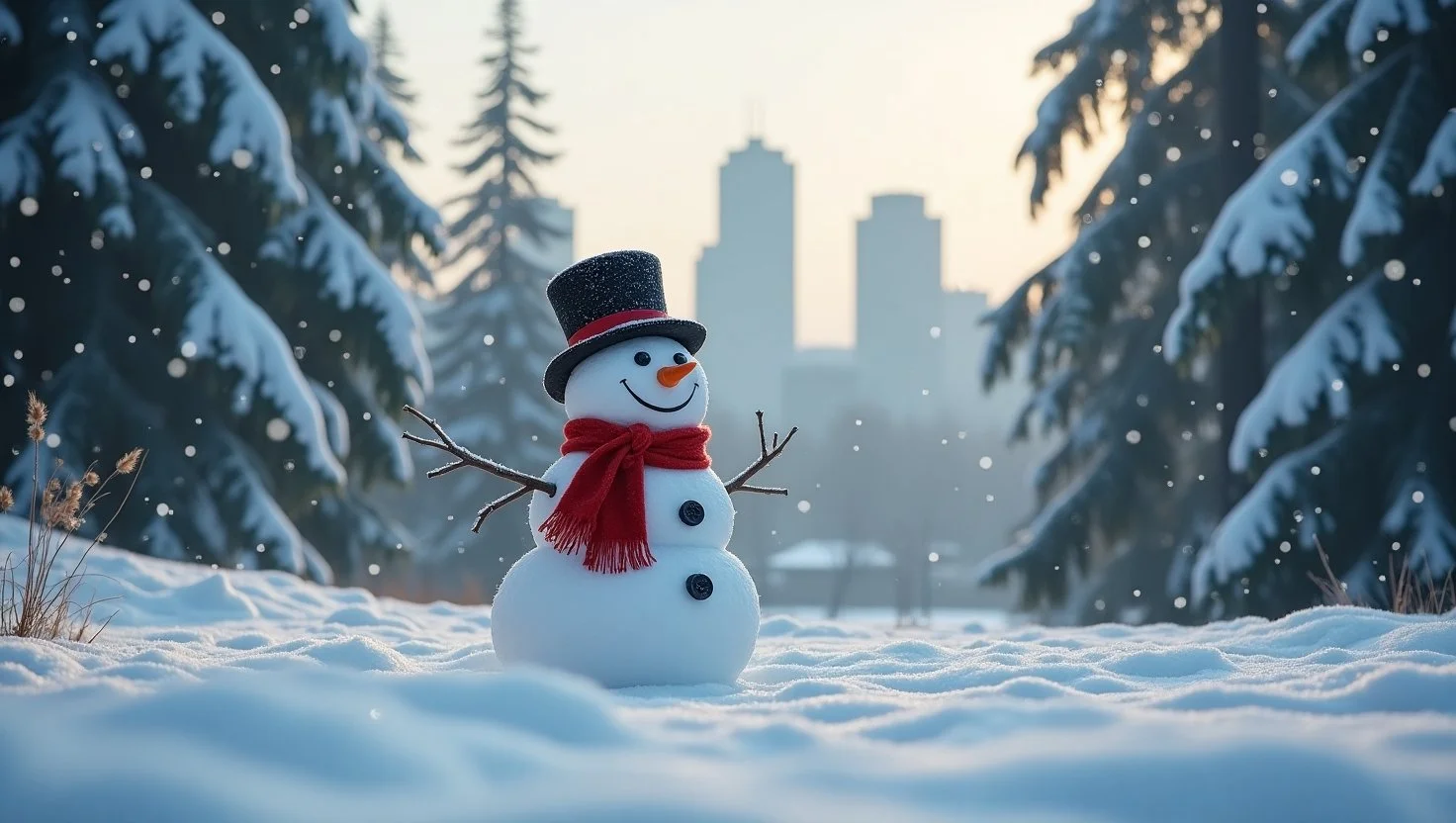 A Playful Snowman Built In A Snowy Seattle Park