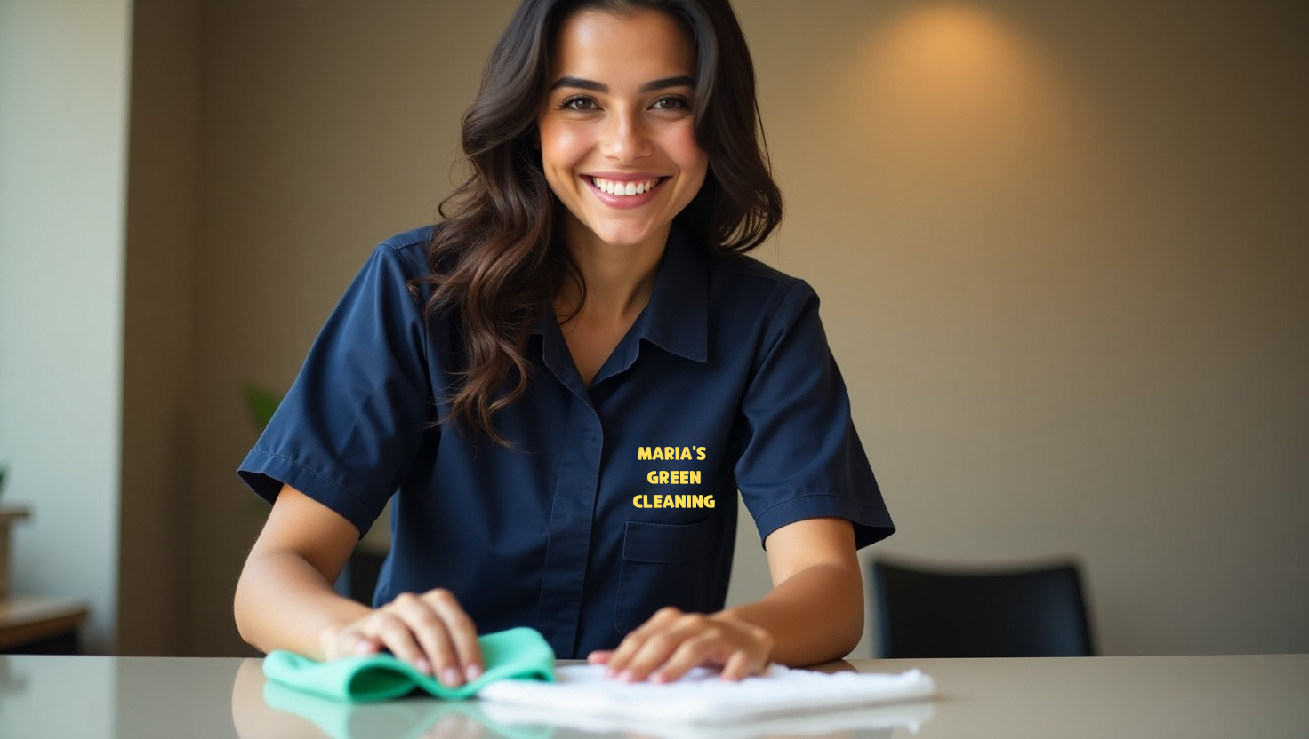 Accredited Cleaner Wiping Down An Office Desk, Ensuring A Spotless Workspace