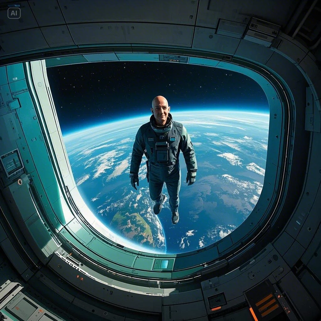 Jeff Bezos floating inside the New Shepard spacecraft, observing Earth from the window while in microgravity.
