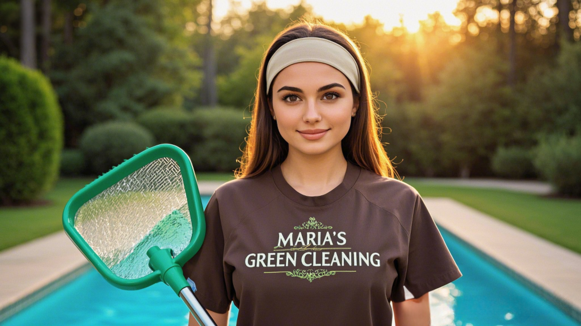 A professional cleaner using a pool skimmer to remove debris from the water