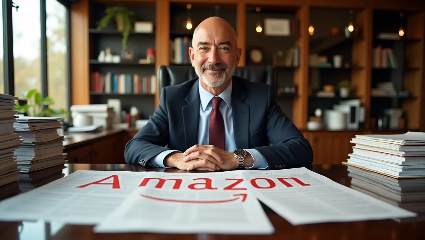 A businessman resembling Jeff Bezos sitting at a large desk with documents labeled Amazon