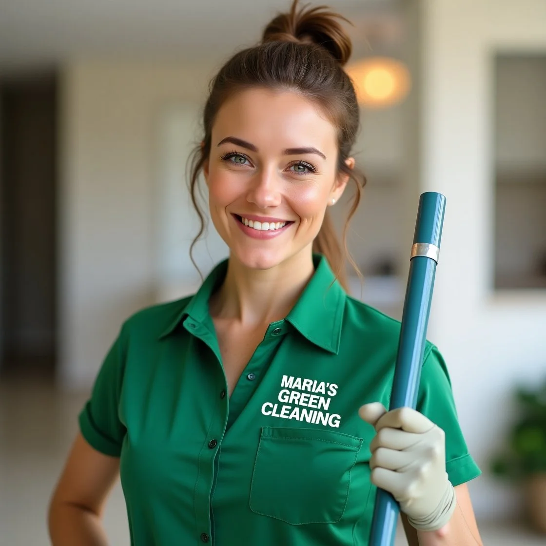 A friendly woman wearing a green shirt with "MARIA'S GREEN CLEANING" printed on it.