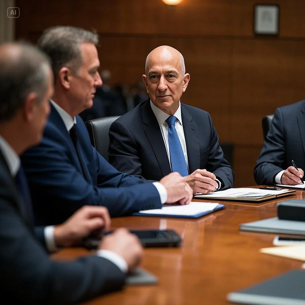 Jeff Bezos participating in a high-level business meeting with other executives, sitting at a conference table.