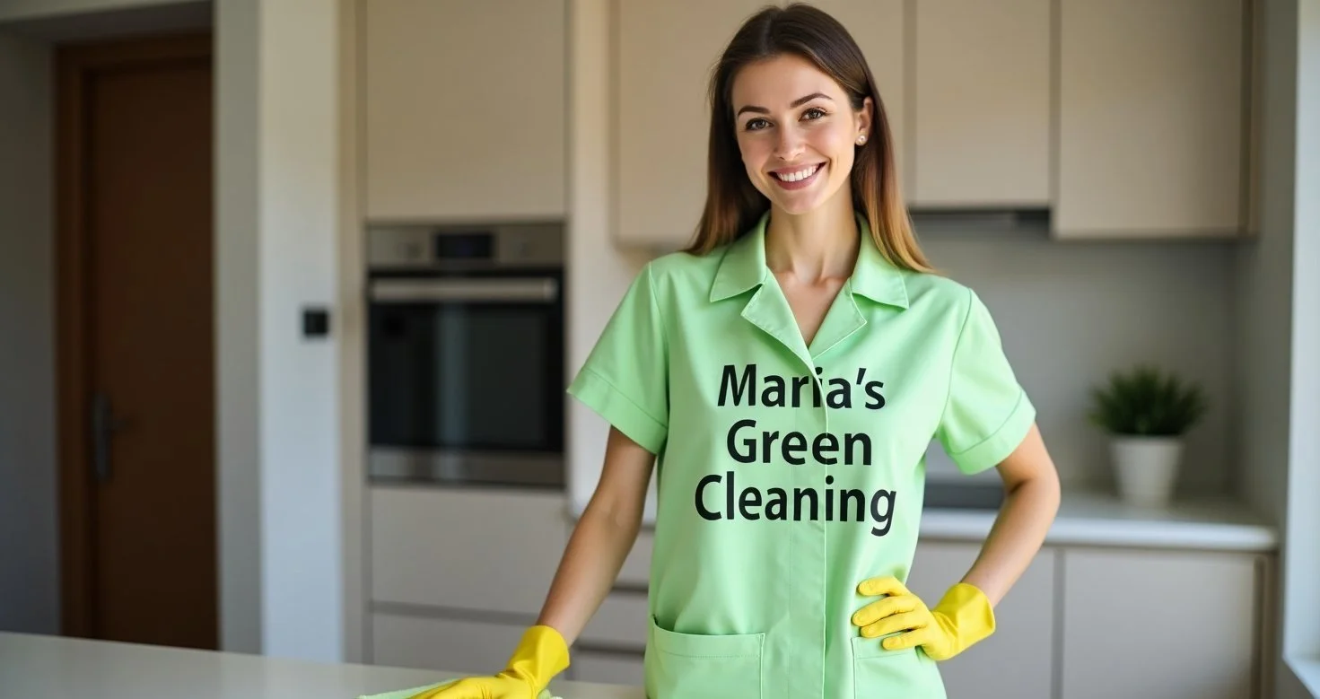 Cleaner spraying disinfectant on a dining chair and wiping it clean