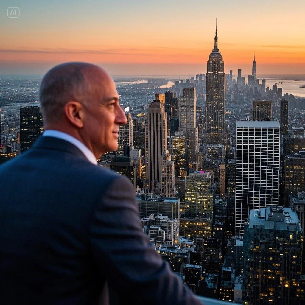 Jeff Bezos, looking ahead with confidence, taking a risk by standing near the edge of a tall building, symbolizing his bold decision-making in business..