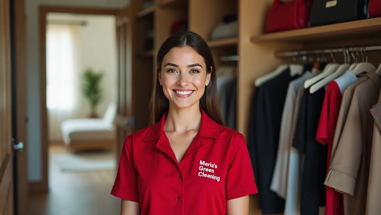 The walk-in closet is being organized by the dependable cleaner.