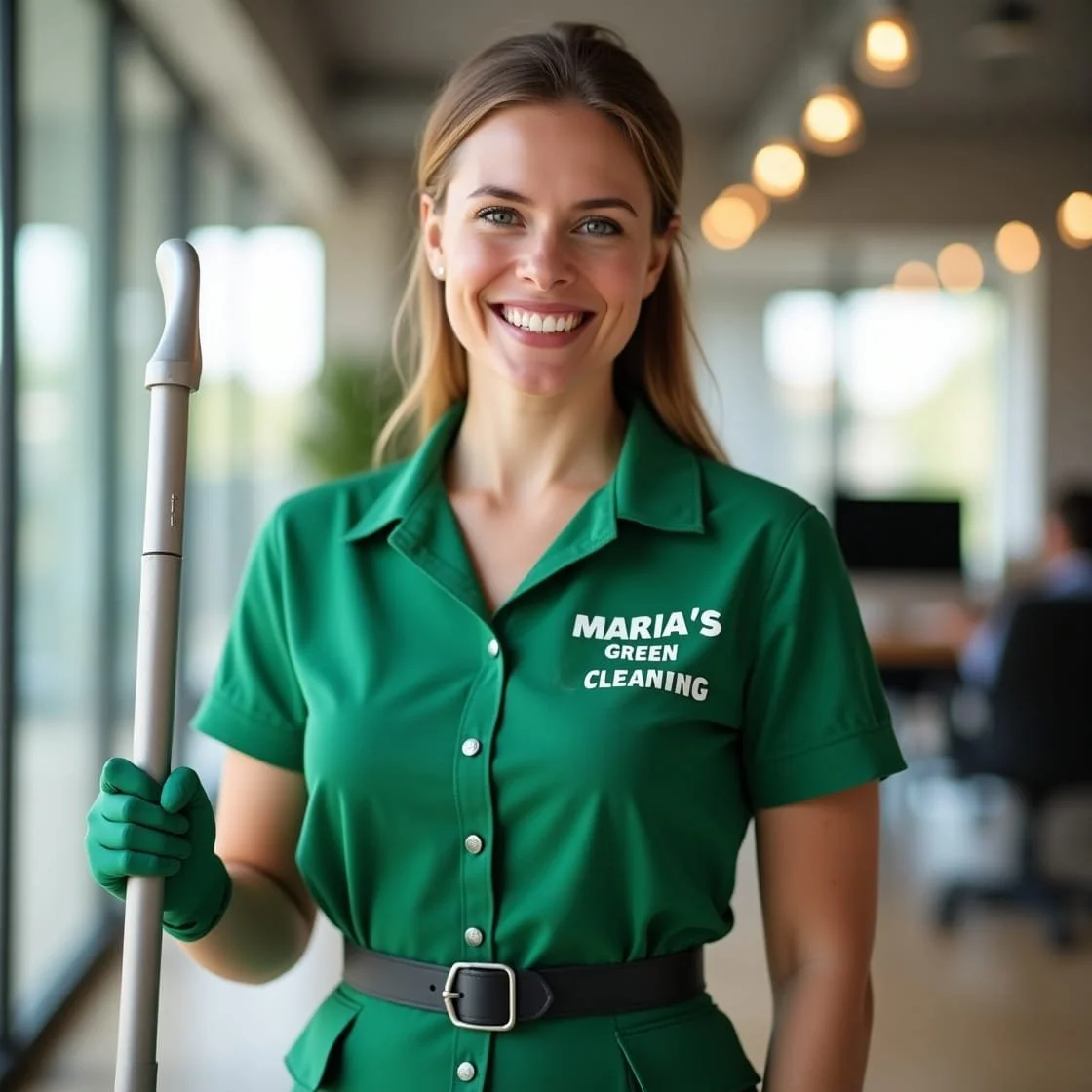 Lady Maid smiling at camera while cleaning a modern office.