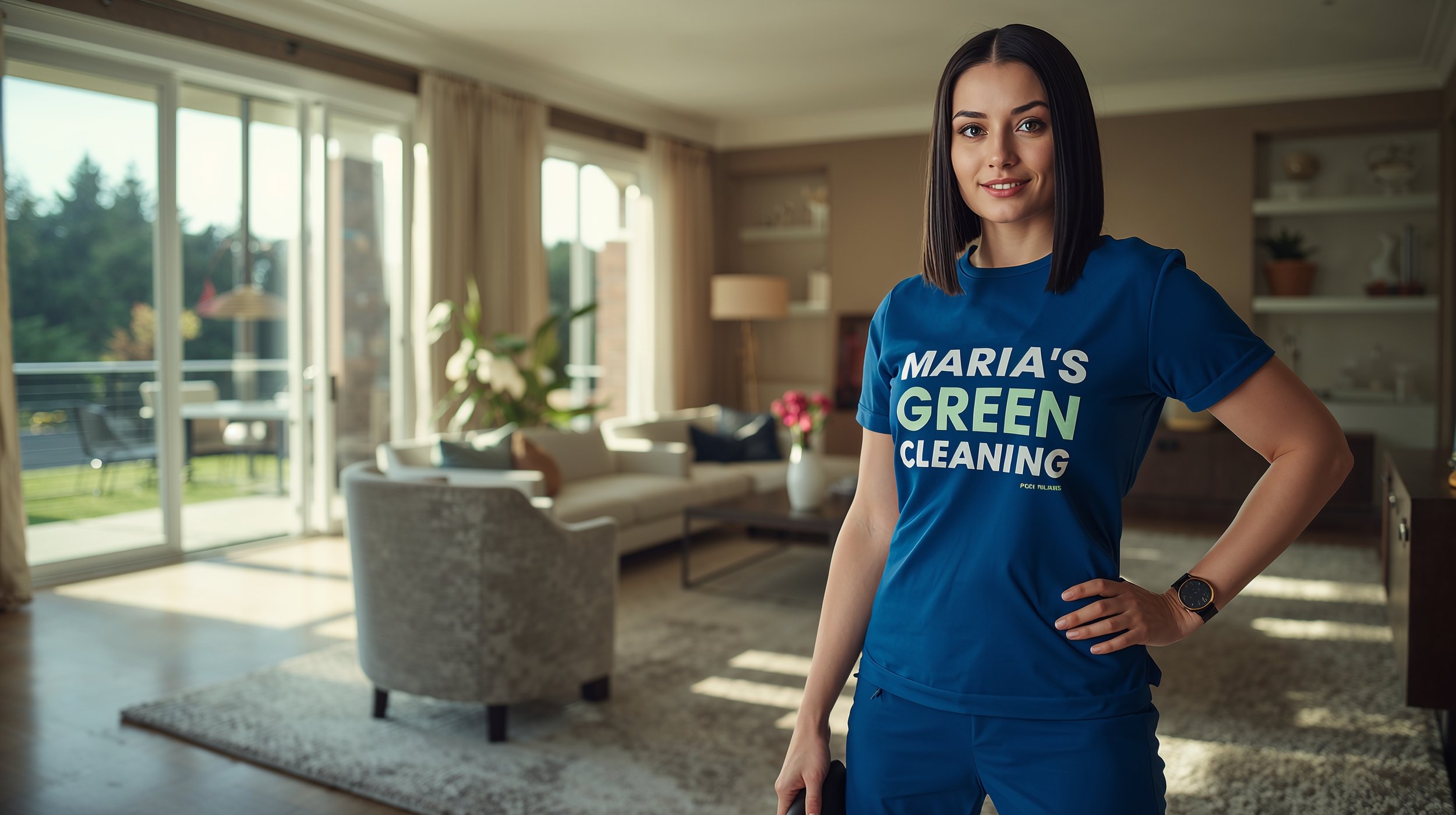 Smiling Maria’s Green Cleaning professional standing beside freshly vacuumed carpet in Arbor Heights Seattle home