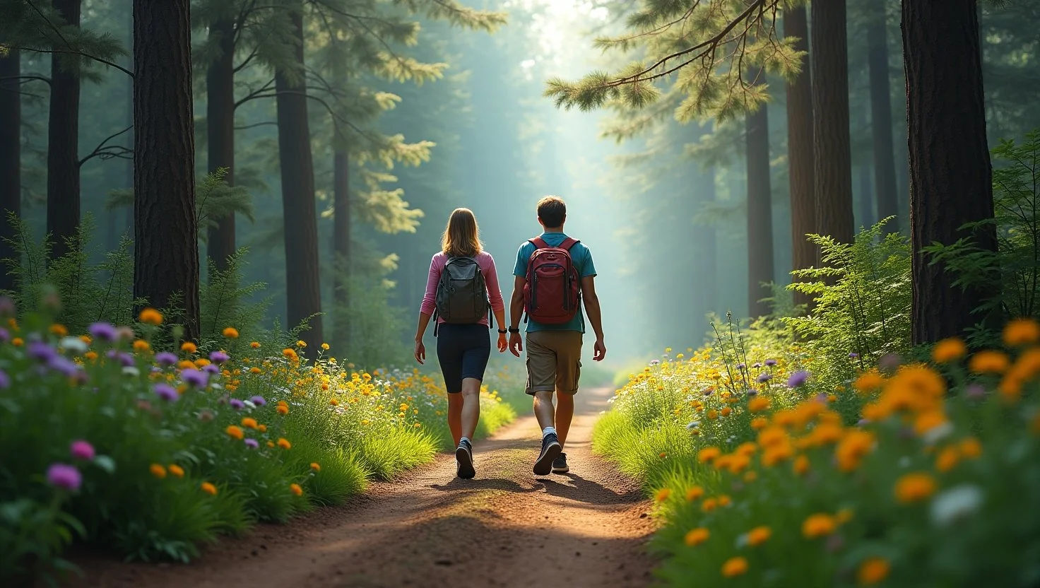 Hikers Walking Through A Forest Trail Surrounded By Lush Greenery