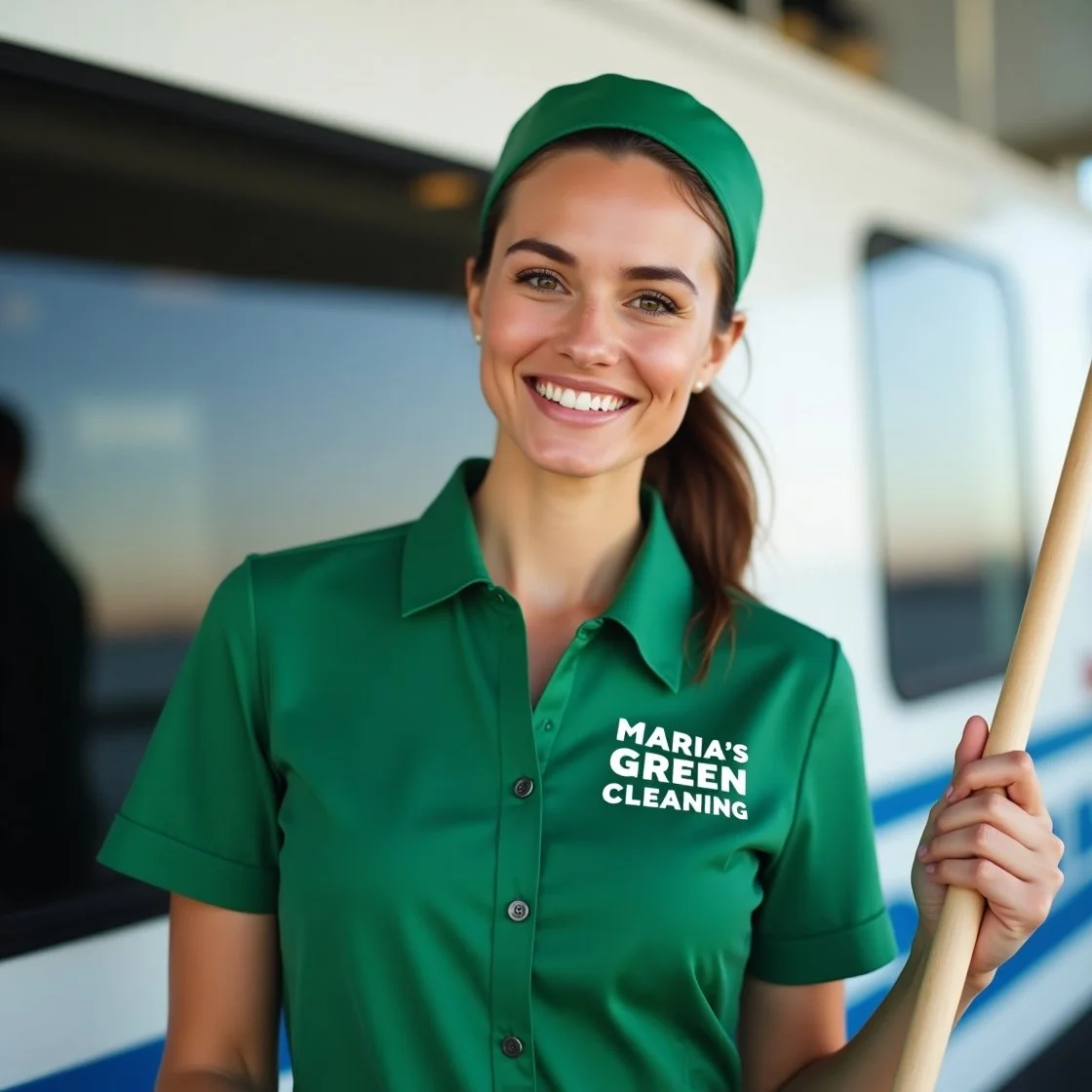 A smiling lady maid with a green headband and shirt with "Maria's Green Cleaning" standing in front of a ferry, holding a cleaning broom.