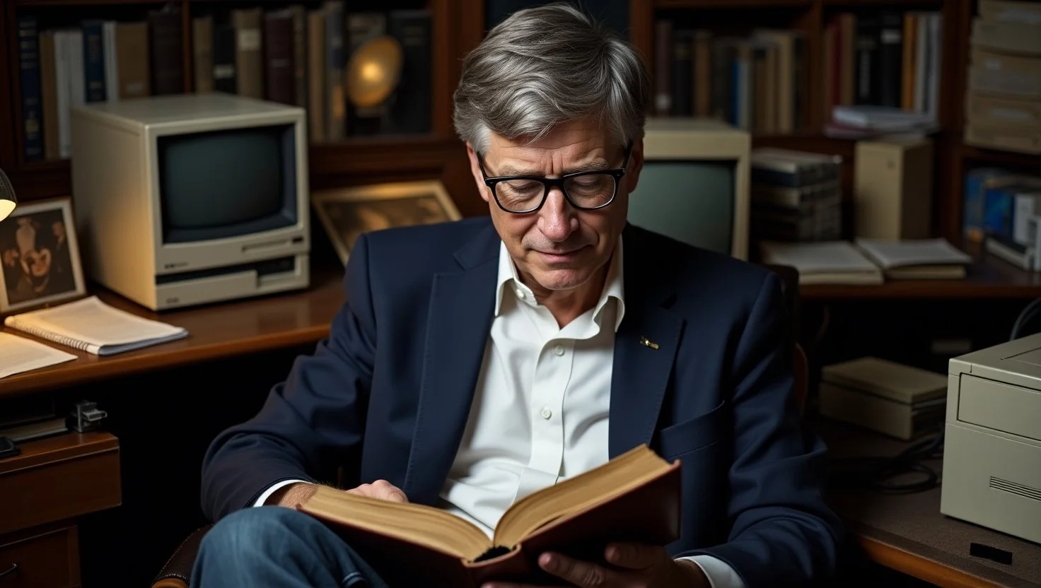Bill Gates reading a technical book, surrounded by old computer hardware, showcasing his dedication to learning.