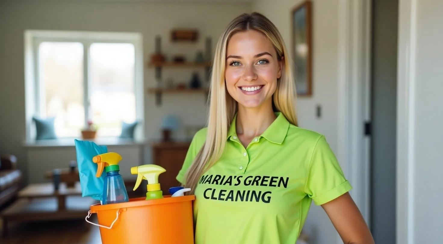 Certified set of cleaning tools, including a mop, sponges, and disinfectant