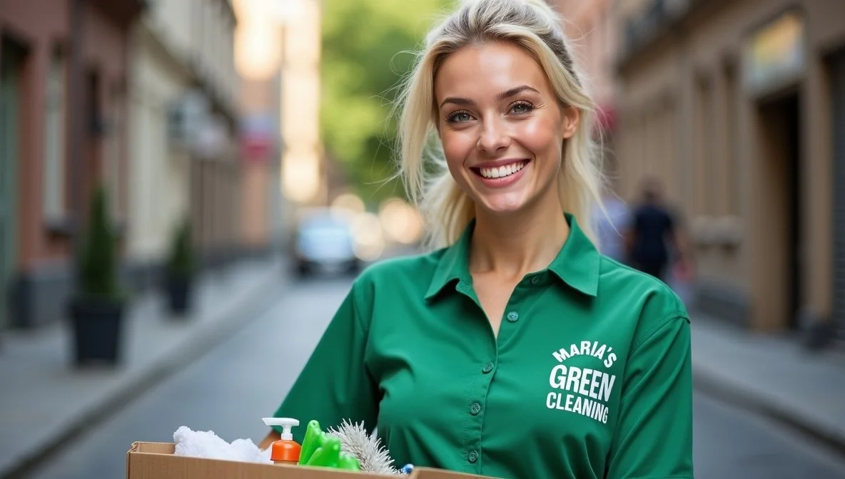 A young lady, dressed in a green cleaning uniform with "Maria's Green Cleaning" on it.