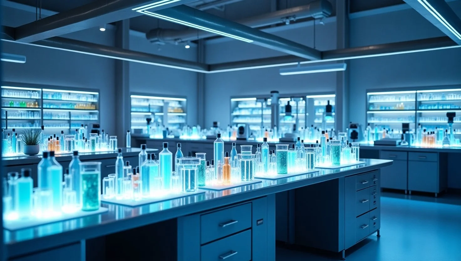 A futuristic laboratory filled with test tubes and medical equipment, symbolizing Jeff Bezos’ investment in longevity research at Altos Labs.